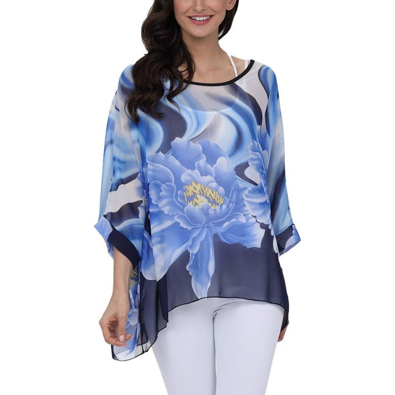 Ckikiou Plus Size Batwing Flowy Semi Sheer Chiffon Blouse Tunic for Women Summer Floral Print Boho Beach Cover ups - Image 2